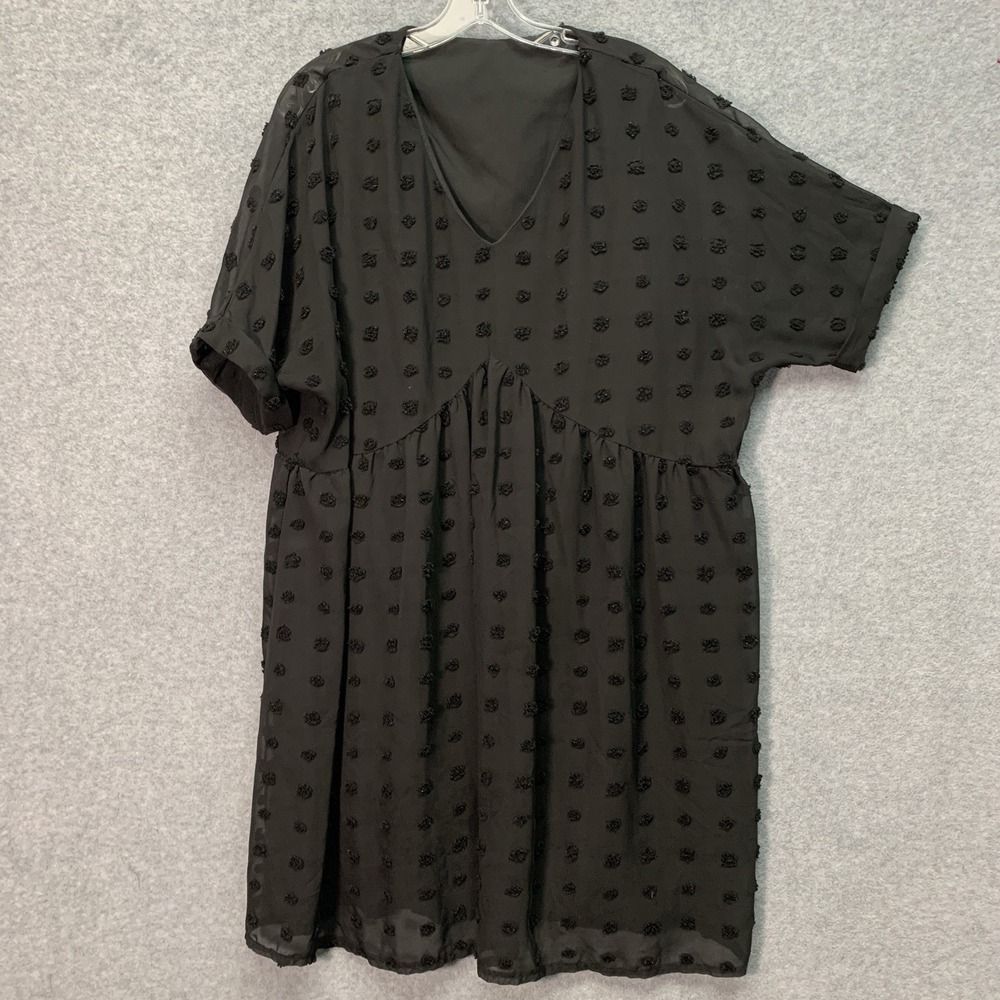 Dress Short V Neck Flowy Casual Swiss Dot Fit Babydoll XL Black Dolman Sleeve